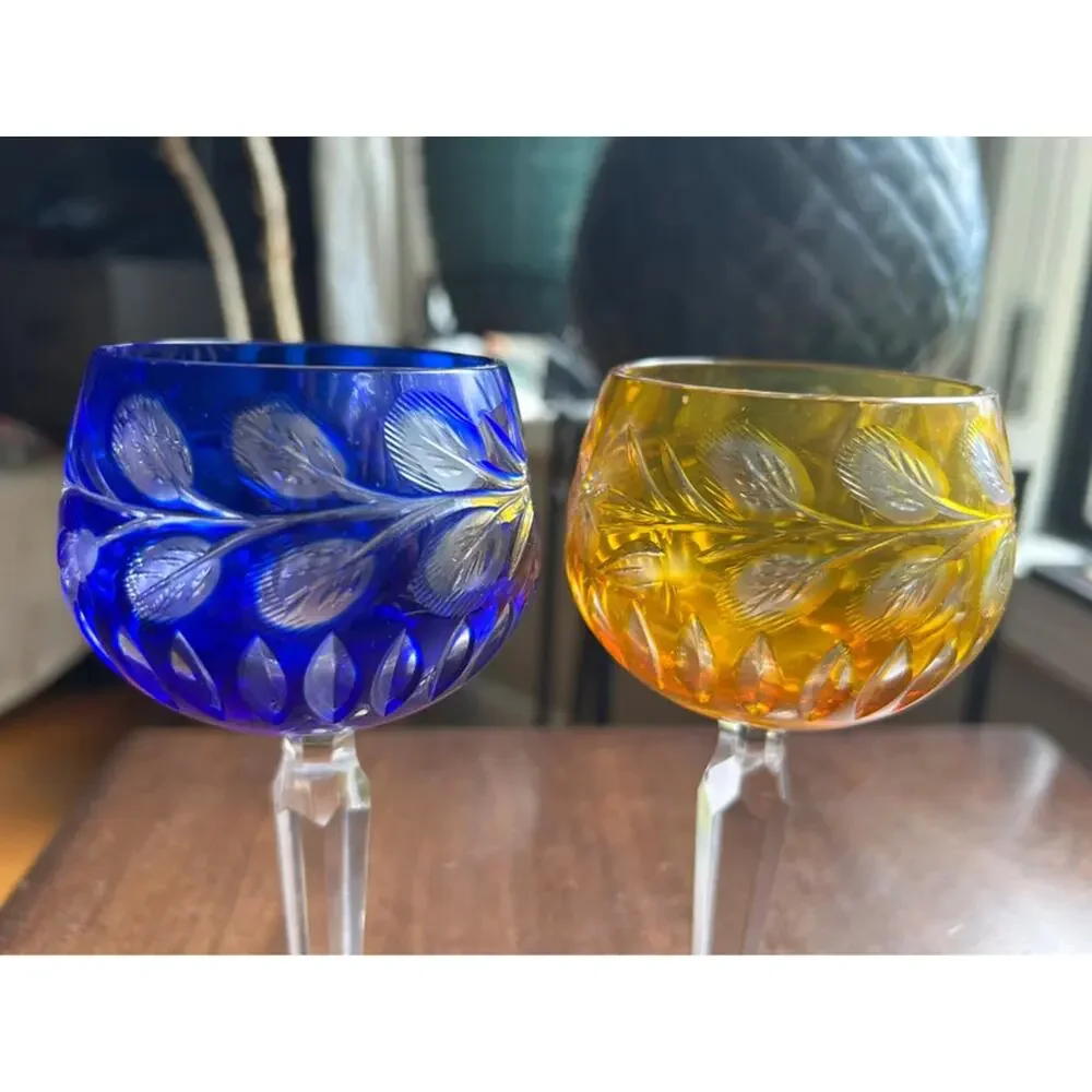 German Crystal Stemware golden yellow & blue Wine Glasses - Set of 2